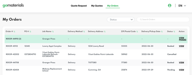 GoMaterials Platform: My Orders