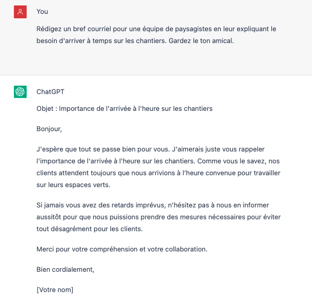 ChatGPT courriel entreprise d'aménagement paysager
