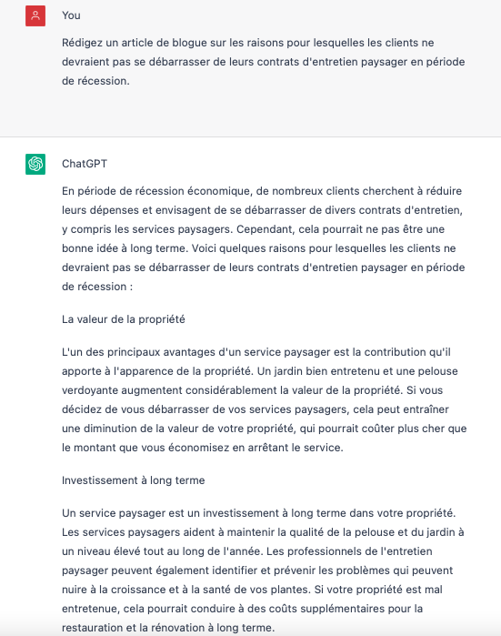 ChatGPT blogue entreprise d'aménagement paysager